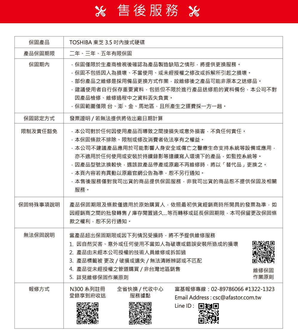 保固產品產品保固期限保固期保固認定方式限制及責任豁免保固特殊事項說明無法保固說明報修方式 售後服務*TOSHIBA 東芝35內接式硬碟二年三年、五年有限保固.保固僅限於生產商檢視後確認為產品製造缺陷之情形將提供更換服務。保固不包括因人為損壞、不當使用、或未經授權之修改或拆解所引起之損壞。部份產品之維修是採用備品更換方式作業,故維修後之產品可能非原本之送修品。建議使用者自行保存重要資料,包括但不限於進行產品送修前的資料備份,本公司不對因產品檢修、維修過程中之資料丟失負責。保固範圍僅限 台、澎、金、馬地區,且所產生之運費採一方一趟。發票證明/若無法提供將依出廠日期計算本公司對於任何因使用產品而導致之間接損失或意外損害,不負任何責任。本保固條款不排除、限制或修改消費者依法享有之權益。本公司不建議產品應用於可能影響人身安全或傷亡之醫療生命支持系統等設備或應用,亦不適用於任何使用或安裝於持續錄影等連續寫入環境下的產品,如監控系統等。·因產品型號汰換較快,遇該款產品停產或原廠不再維修時,將以「替代品」更換之。·本頁內容若有異動以原廠官網公告為準,恕不另行通知。本售後服務僅對我司出貨的商品提供保固服務,非我司出貨的商品恕不提供保固及相關服務。產品保固期限及條款僅適用於原始購買人,依照最初供貨經銷商時所開具的發票為準,如因經銷商之間的批發轉售/庫存閒置過久等而轉移或延長保固期限,本司保留更改保固條款之權利,恕不另行通知。當產品超出保固期限或因下列情況受損時,將不予提供維修服務1.因自然災害、意外或任何使用不當如人為破壞或錯誤安裝所造成的損壞2.產品由未經本公司授權的技術人員維修或拆卸過3. 產品標籤 更改/破損或遺失/無法清晰辨認或不匹配4.產品從未經授權之管道購買/非台灣地區銷售5.詳見維修保固作業原則N300 系列註冊 全省快換/代收中心登錄享到府收送服務據點維修保固作業原則基報修專線:02-89786066#1322-1323Email Address : csc@afastor.com.twLine ID :