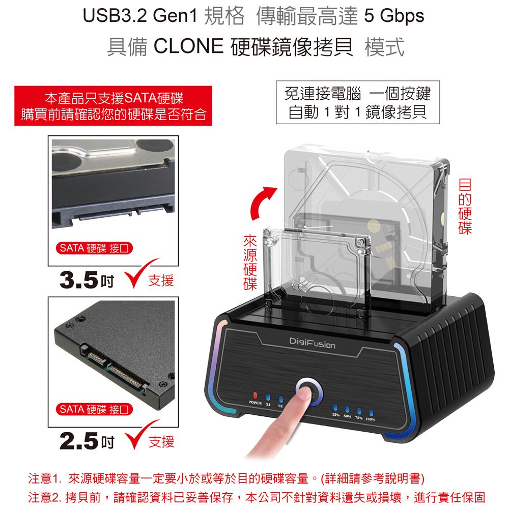 伽利略 USB3.2 5G 2.5/3.5 電競炫彩 硬碟對拷機