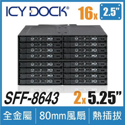 ICY DOCK 全金屬16層式2.5吋SAS/SATA SSD/HDD 轉2組5.25吋 硬碟背板模組 (MB516SP-B)
