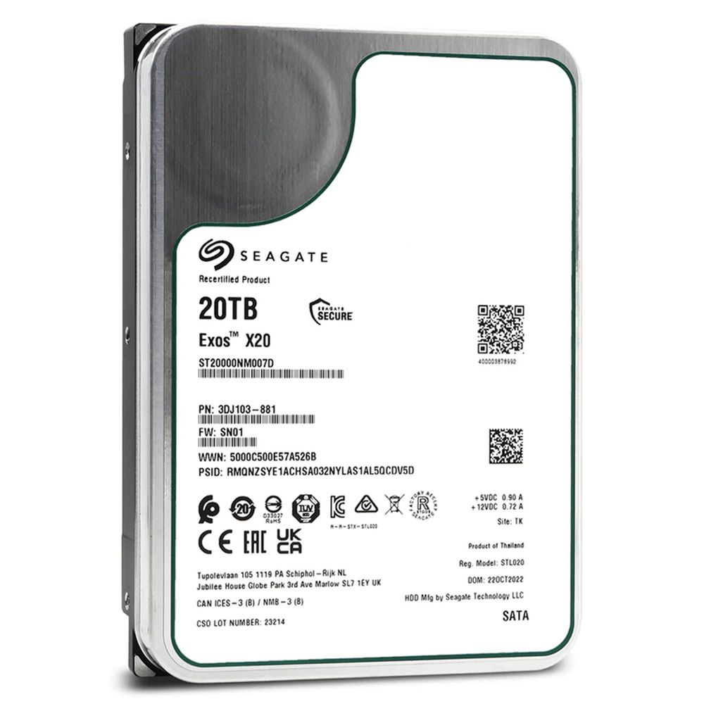 原廠認證硬碟) Seagate EXOS X20 20TB 3.5吋7200轉SATAⅢ 企業級硬碟