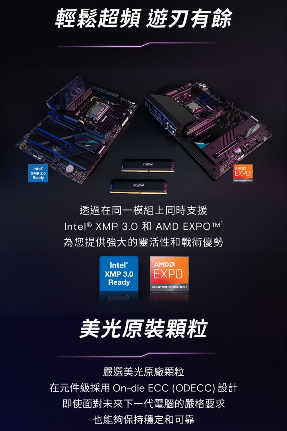 Intel®XMP 3.0Ready輕鬆超頻 遊刃有餘透過在同一模組上同時支援Intel® XMP 3.0 和  EXPOTM1為您提供強大的靈活性和戰術優勢Intel®XMP 3.0ReadyAMDMEMORY OVERCLOCKING PROFILEEXO美光原裝顆粒嚴選美光原廠顆粒在元件級採用 On-die ECC (ODECC) 設計即使面對未來下一代電腦的嚴格要求也能夠保持穩定和可靠