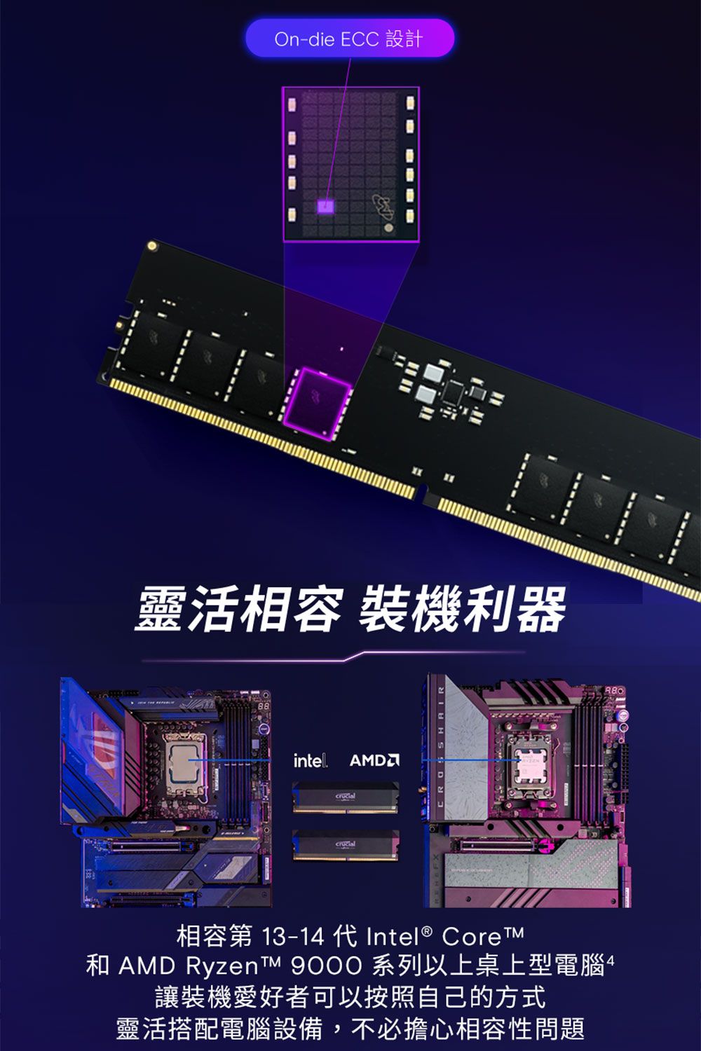 On-die ECC 設計靈活相容 裝機利器intel AMD相容第 13-1 代Intel® 和 AMD RyzenTM  系列以上桌上型電腦4讓裝機愛好者可以按照自己的方式靈活搭配電腦設備,不必擔心相容性問題