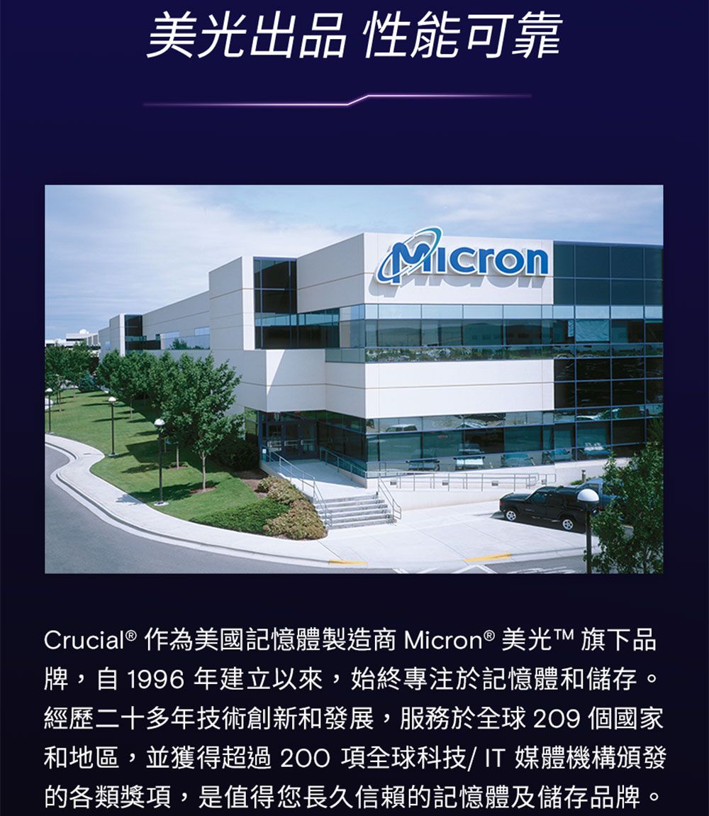 美光出品 性能可靠Crucial ® 作為美國記憶體製造商 Micron ® 美光 旗下品牌,自 1996 年建立以來,始終專注於記憶體和儲存。經歷二十多年技術創新和發展,服務於全球209 個國家和地區,並獲得超過  項全球科技/IT 媒體機構頒發的各類獎項,是值得您長久信賴的記憶體及儲存品牌。