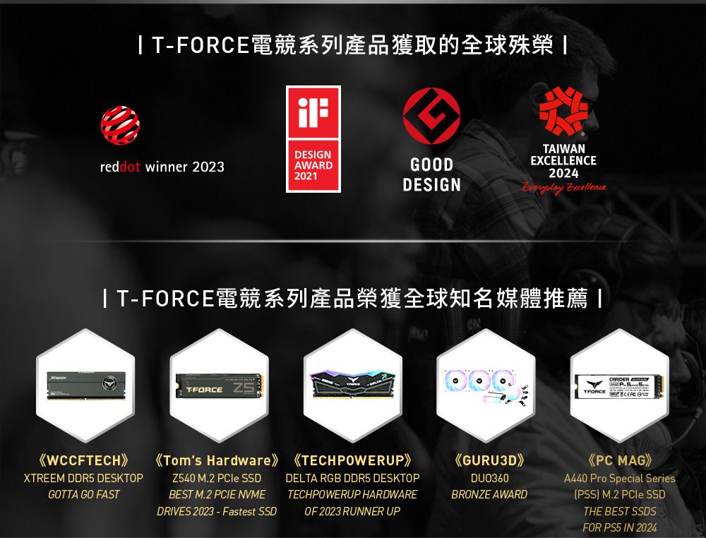電競系列產品獲取的全球殊榮 reddot winner 2023DESIGNAWARD2021GOODDESIGNTAIWANEXCELLENCE2024 |TFORCE電競系列產品榮獲全球知名媒體推薦T-FORCETFORCE WCCFTECHXTREEM DDR5 DESKTOPGOTTA GO FASTToms Hardware TECHPOWERUPZ540 M.2 SSDBEST M.2 PCIE NVMEDRIVES 2023-Fastest SSDDELTA RGB DDR5 DESKTOPTECHPOWERUP HARDWAREOF 2023 RUNNER UPGURU3DDU0360BRONZE AWARDPC MAGA440 Pro Special SeriesPSS M.2 SSDTHE BEST SSDSFOR PS5 IN 2024