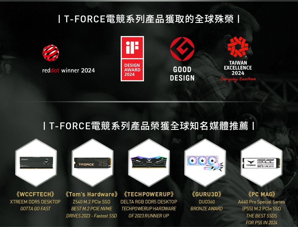 FORCE電競系列產品獲取的全球殊榮 reddot winner 2024DESIGNAWARD2024GOODDESIGNTAIWANEXCELLENCE2024 |TFORCE電競系列產品榮獲全球知名媒體推薦T-FORCE XTREEM DDR5 DESKTOPGOTTA GO FASTToms Hardware TECHPOWERUPZ540 M.2  SSDBEST M.2 PCIE NVMEDRIVES 2023-Fastest SSDDELTA RGB DDR5 DESKTOPTECHPOWERUP HARDWAREOF 2023 RUNNER UPGURU3DDU0360BRONZE AWARDPC A440 Pro Special Series(PSS) M.2  SSDTHE BEST SSDSFOR PS5 IN 2024