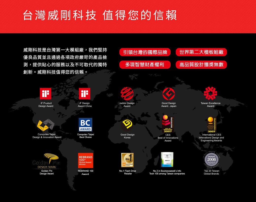 台灣威剛科技 值得您的信賴威剛科技是台灣第一大模組廠,我們堅持優良品質並且通過各項政府嚴苛的產品檢測,提供貼心的服務以及不可取代的獨特創新。威剛科技值得您的信賴。引領台灣的國際品牌世界第二大模板組廠多項智慧財產權利高品質設計獲獎無數 ProductDesign Award DesignAward ChinaComputex TaipeiDesign & Innovation AwardBCAWARDreddot DesignGood DesignTaiwan ExcellenceAwardAward  JapanAwardComputex TaipeiBest ChoiceGood DesignKorea DESIGN MARKGolden PinDesign AwardREBRAND100Global AwardWinnerNoREBRAND 100No.1 Flash DriveAwardRetailer2007CESBest of Innovations.Award2007International CESInnovations Design andEngineering Awards2006No.3 in Businessweeks InfoTech 100 among Taiwan companiesTop 20 TaiwanGlobal Brands
