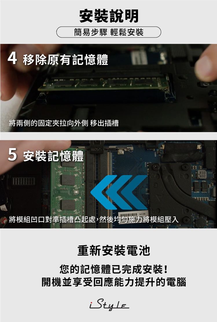 安裝說明簡易步驟 輕鬆安裝 移除原有記憶體將兩側的固定夾拉向外側 移出插槽5 安裝記憶體將模組凹口對準插槽凸起處,然後均勻施力將模組壓入重新安裝電池您的記憶體已完成安裝!開機並享受回應能力提升的電腦