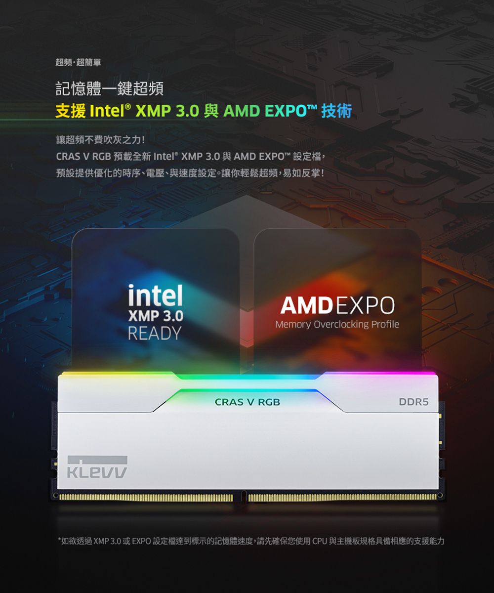 超頻·超簡單記憶體一鍵超頻支援 Intel® XMP3.0 與 AMD EXPO™ 技術讓超頻不費吹灰之力!CRAS V RGB 預載全新 Intel® XMP3.0與AMD EXPO™ 設定檔,預設提供優化的時序、電壓、與速度設定。讓你輕鬆超頻,易如反掌!intelXMP3.0READYAMDEXPOMemory Overclocking ProfileCRAS V RGBDDR5*如欲透過XMP3.0或EXPO設定檔達到標示的記憶體速度,請先確保您使用CPU與主機板規格具備相應的支援能力