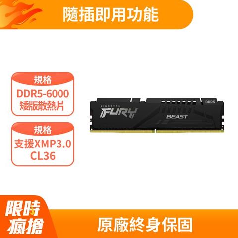 金士頓 Kingston FURY Beast 獸獵者DDR5 6000 32GB(16GBx2)桌上型超頻記憶體(KF560C36BBE2K2-32)