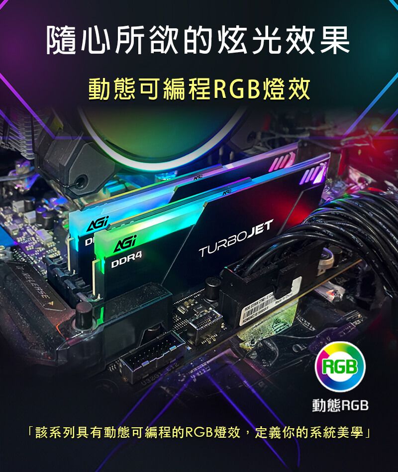 隨心所欲的炫光效果動態可編程RGB燈效DGiDDR4TURBOJET E12RGB動態「該系列具有動態可編程的RGB燈效,定義你的系統美學」