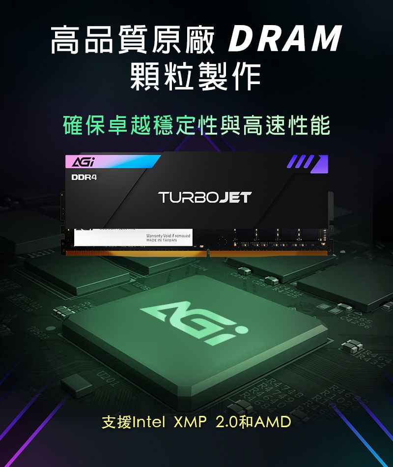 高品質原廠 DRAM顆粒製作確保卓越穩定性與高速性能DD TURBOJETWarranty Void if removedMADE    C4296U201R464R432R468R102支援Intel XMP 2.0和AMD44766448R44748B