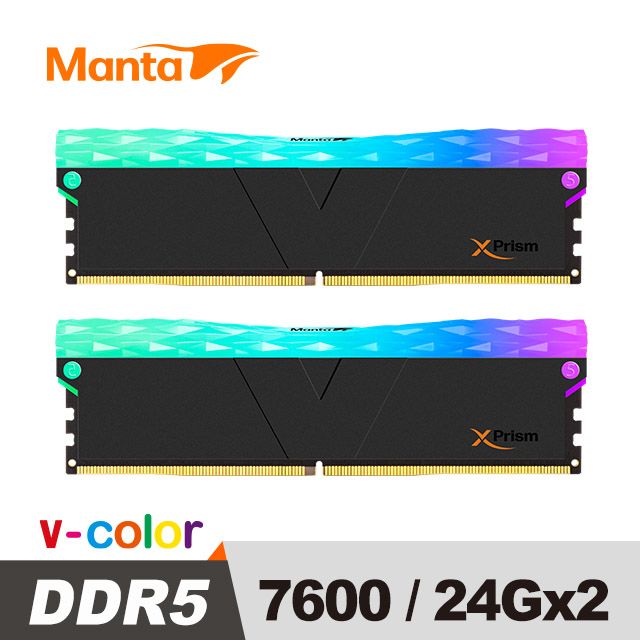 V-Color MANTA XPrism 系列 DDR5 7600 48GB (24GBx2) RGB桌上型超頻記憶體 (黑色)