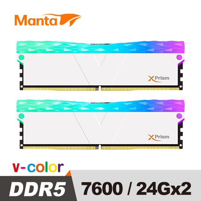 V-Color MANTA XPrism 系列 DDR5 7600 48GB (24GBx2) RGB桌上型超頻記憶體 (白色)