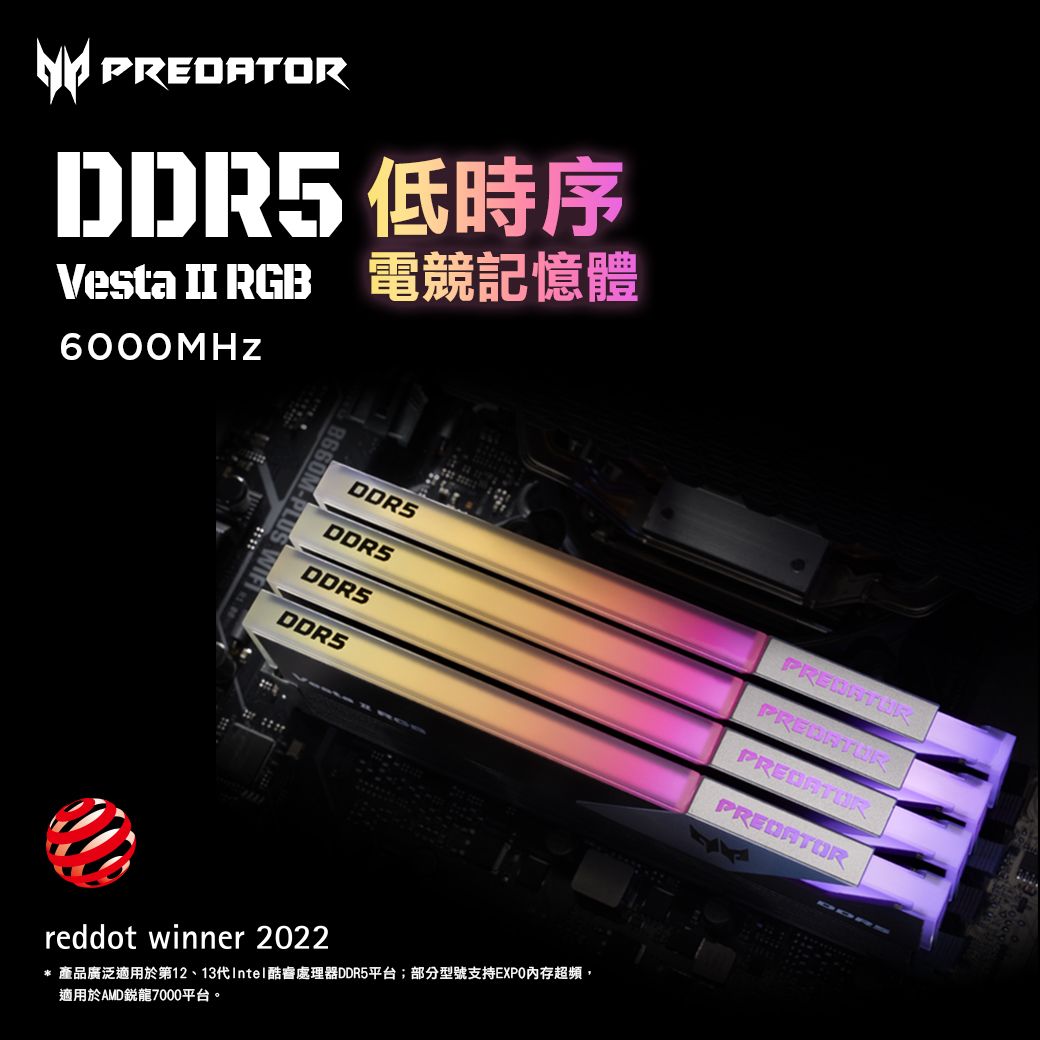 Acer Predator Vesta2 DDR5-6000 32G(16*2)(CL30)銀RGB 超頻桌上型記憶