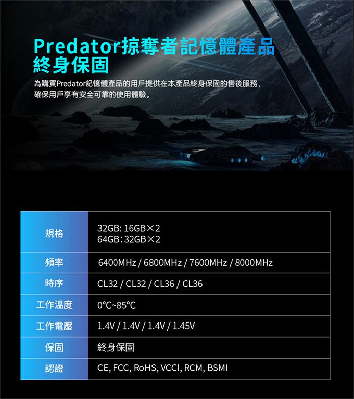 Predator掠奪者記憶體產品終身保固為購買Predator記憶體產品的用戶提供在本產品終身保固的售後服務,確保用戶享有安全可靠的使用體驗。規格頻率32GB: 16GB×264GB:32GB×2640MHz/6800MHz / 7600MHz/8000MHz時序L32 / CL32 / CL36/CL36工作溫度工作電壓0C85C1.4V/1.4V/1.4V/1.45V保固終身保固認證CE, FCC, RoHS, VCCI, RCM, BSMI