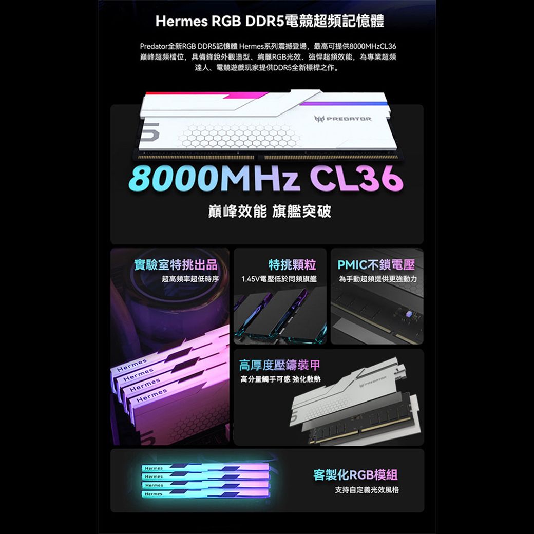 Hermes RGB DDR5電競記憶體Predator全新RGB DDR5記憶體 Hermes系列震撼登場,最可提供8000MHzCL36巔峰超頻檔位,具備鋒銳外觀造型、RGB光效、超頻效能,為專業超頻達人、電競遊戲玩家提供DDR5全新之作。8000MHz CL36巔峰效能 旗艦突破實驗室特挑出品特挑顆粒PMIC不鎖電壓超高頻率超低時序1.45V電壓低於同頻旗艦為手動超頻提供HermesHermesHermesHermesHermes高厚度壓鑄裝甲高觸手可感強化散熱HermesHermesHermes客製化RGB模組支持自定義光效風格