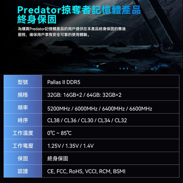 ACER 宏碁Predator PallasII DDR5-6000 64GB(32Gx2)(CL30) 超頻 ACER 宏碁Predator PallasII DDR5-6000 64GB(32Gx2)(CL30) 超頻