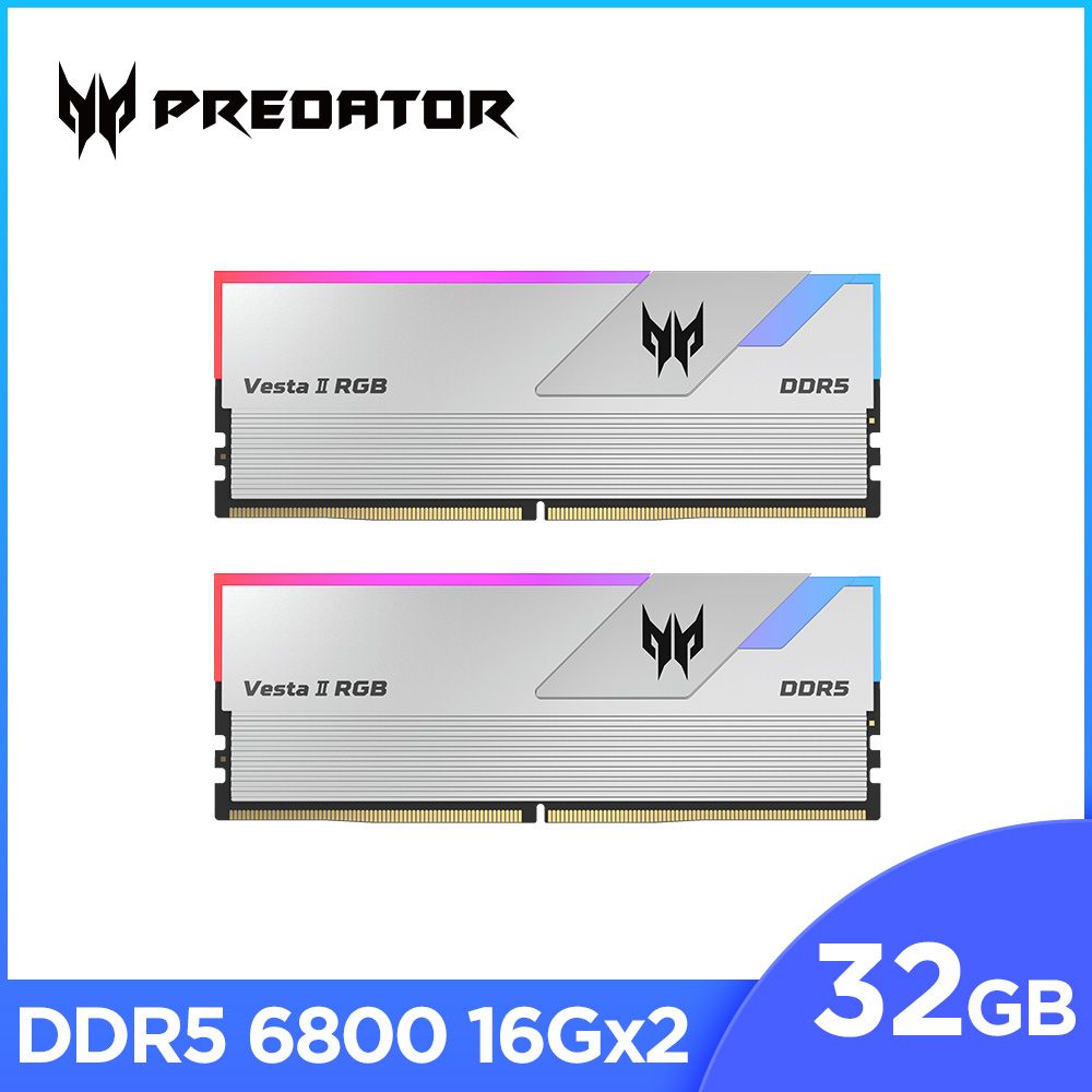 ACER 宏碁  Predator Vesta2 DDR5-6800 32G(16*2)(CL30)銀 RGB 超頻桌上型記憶體