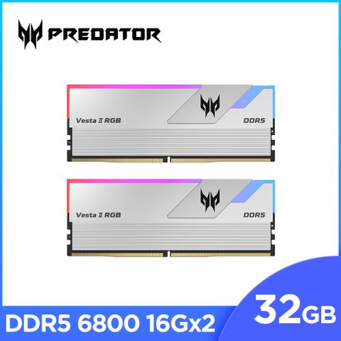 ACER 宏碁 Predator Vesta2 DDR5-6800 32G(16*2)(CL30)銀 RGB 超頻桌上型記憶體