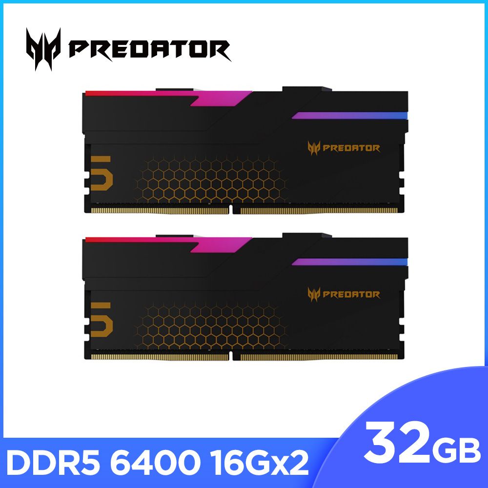 ACER 宏碁  Predator Hermes RGB DDR5-6400 32GB(16G*2)(CL32) 超頻桌上型記憶體(黑色)