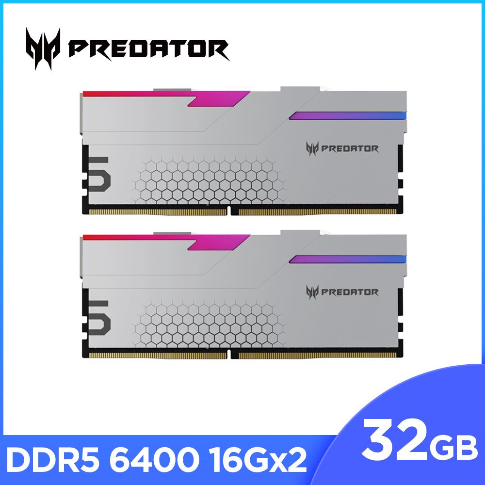 ACER 宏碁  Predator Hermes RGB DDR5-6400 32GB(16G*2)(CL32) 超頻桌上型記憶體(銀色)