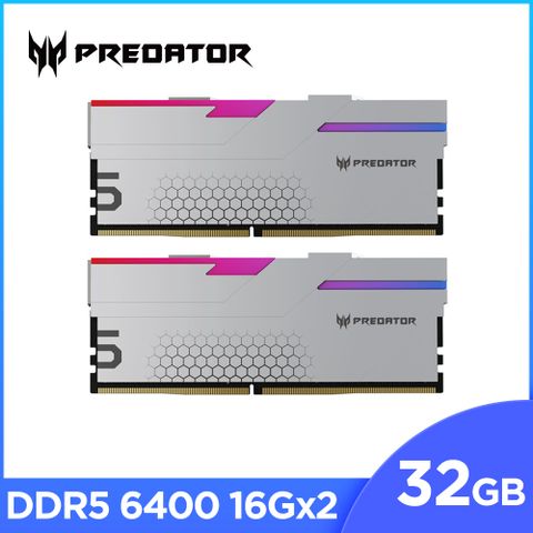 ACER 宏碁 Predator Hermes RGB DDR5-6400 32GB(16G*2)(CL32) 超頻桌上型記憶體(銀色)