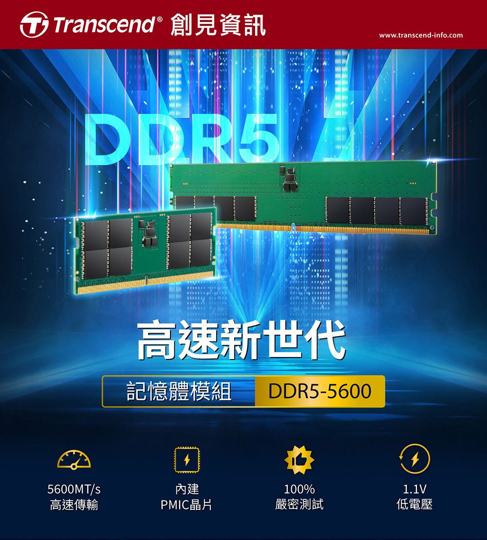 Trancend 創見資訊DDR5高速新世代記憶體模組DDR5-5600www.transcend-info.com5600MT/s內建100%1.1V高速傳輸PMIC晶片嚴密測試低電壓