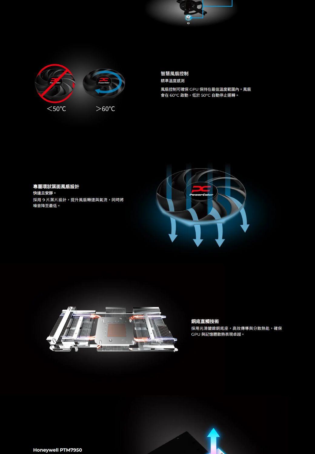 智慧風扇控制精準溫度感測風扇控制可確保GPU保持在最佳溫度範圍內。風扇會在 啟動,低於50℃自動停止運轉。5060C專屬環狀葉面風扇設計快速且安靜。PowerColor採用9片葉片設計,提升風扇轉速與氣流,同時將噪音降至最低。Honeywell PTM7950銅底直觸技術採用光滑鍍鎳銅底座,高效傳導與分散熱能,確保GPU與記憶體散熱表現卓越。
