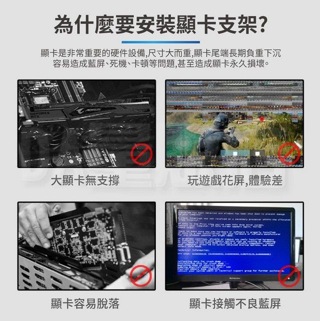 為什麼要安裝顯卡支架?顯卡是非常重要的硬件設備,尺寸大而重,顯卡尾端長期負重下沉容易造成藍屏、死機、卡頓等問題,甚至造成顯卡永久損壞。大顯卡無支撐玩遊戲花屏,體驗差顯卡容易脫落顯卡接觸不良藍屏