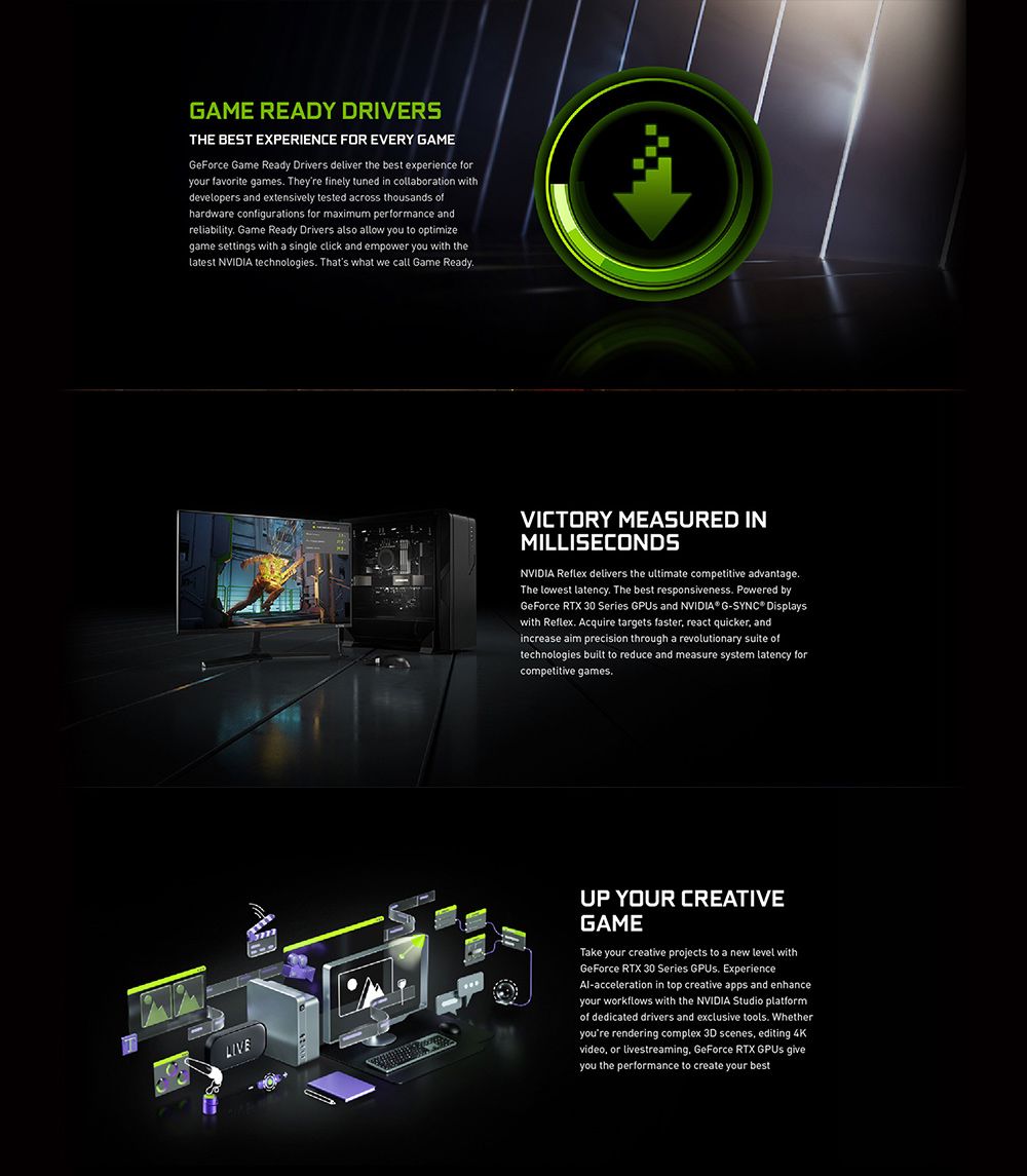 GAME READY DRIVERSTHE BEST EXPERIENCE FOR EVERY GAMEGeForce Game Ready Drivers deliver the best experience foryour favorite games Theyre finely tuned in collaboration withdevelopers and extensively tested across thousands ofhardware configurations for maximum performance andreliability Game Ready Drivers also allow you to optimizegame settings with a single click and empower you with thelatest NVIDIA technologies Thats what we call Game ReadyVICTORY MEASURED INMILLISECONDSNVIDIA Reflex delivers the ultimate competitive advantageThe lowest latency The best responsiveness Powered byGeForce RTX 30 Series  and NVIDIA G- Displayswith Reflex Acquire targets faster react quicker andincrease aim precision through a revolutionary suite oftechnologies built to reduce and measure system latency forcompetitive games.LIVEUP YOUR CREATIVEGAMETake your creative projects to a new level withGeForce RTX 30 Series . ExperienceAl-acceleration in top creative apps and enhanceyour workflows with the NVIDIA Studio platformof dedicated drivers and exclusive tools. Whetheryoure rendering complex 3D scenes editing 4Kvideo or livestreaming, GeForce RTX GPUs giveyou the performance to create your best
