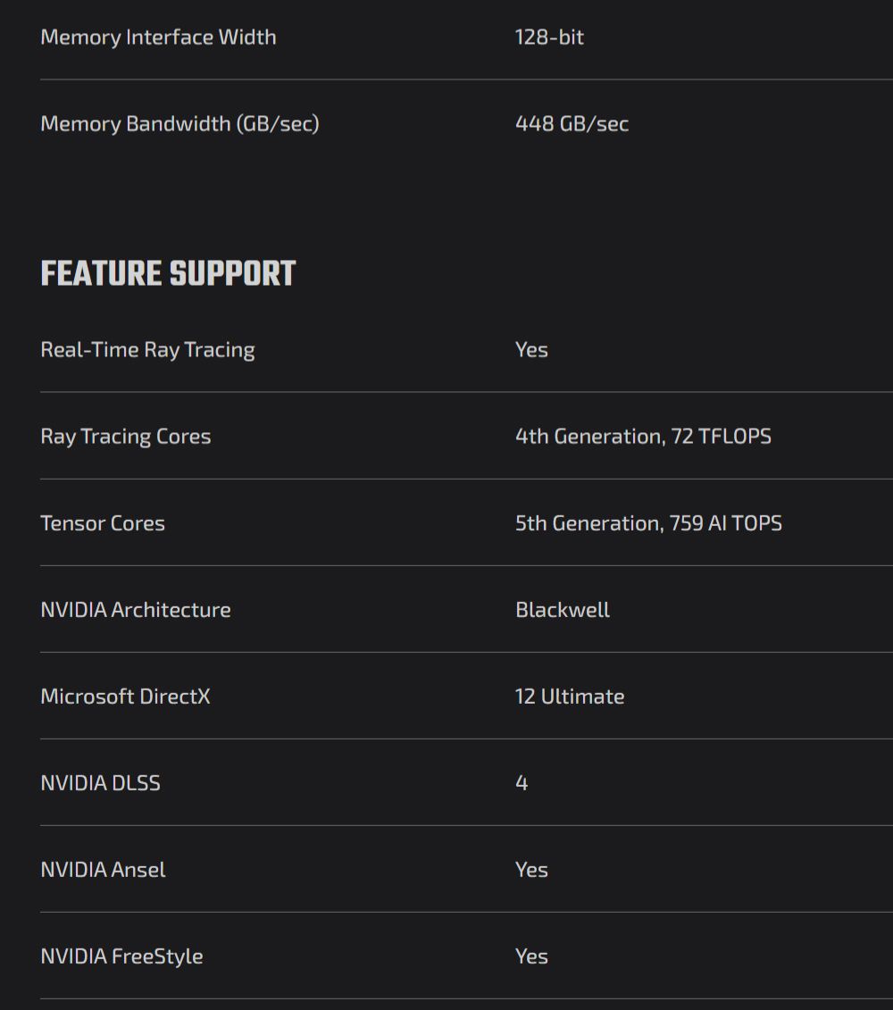 Memory Interface WidthMemory Bandwidth (GB/sec)FEATURE SUPPORTReal-Time Ray TracingRay Tracing CoresTensor CoresNVIDIA Architecture128-bit448 GB/secYes4th Generation, 72 TFLOPS5th Generation, 759  TOPSBlackwellMicrosoft DirectX12 UltimateNVIDIA DLSSNVIDIA Ansel4YesNVIDIA FreeStyleYes