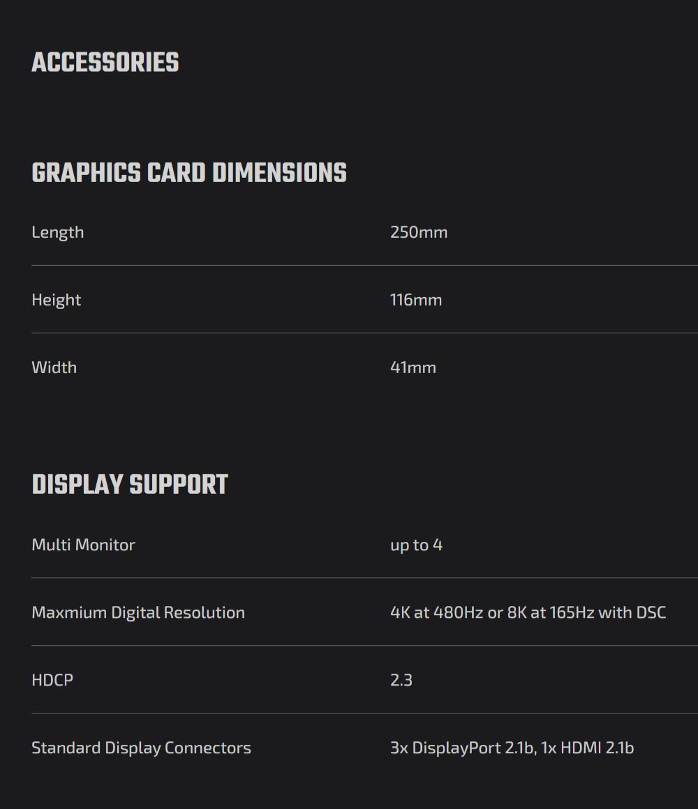 ACCESSORIESGRAPHICS CARD DIMENSIONSLengthHeightWidthDISPLAY SUPPORTMulti MonitorMaxmium Digital ResolutionHDCP250mm116mm41mmup to 44K at 480Hz or 8K at 165Hz with DSC2.3Standard Display Connectors3x DisplayPort 2.1b, 1x HDMI 2.1b