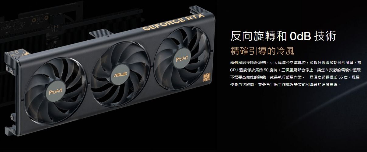 GEFORCE ProArt反向旋轉和 OdB 技術精確引導的冷風兩側風扇逆時針旋轉,可大幅減少空氣亂流,並提升通過散熱器的風。當GPU 溫度低於攝氏50度時,三個風扇都會停止,讓您在安靜的環境中遊玩不需要高效能的遊戲,或是執行輕作業。一旦溫度超過攝氏55 度,風扇便會再次啟動,並參考平衡工作或娛樂效能和噪音的速度曲線。