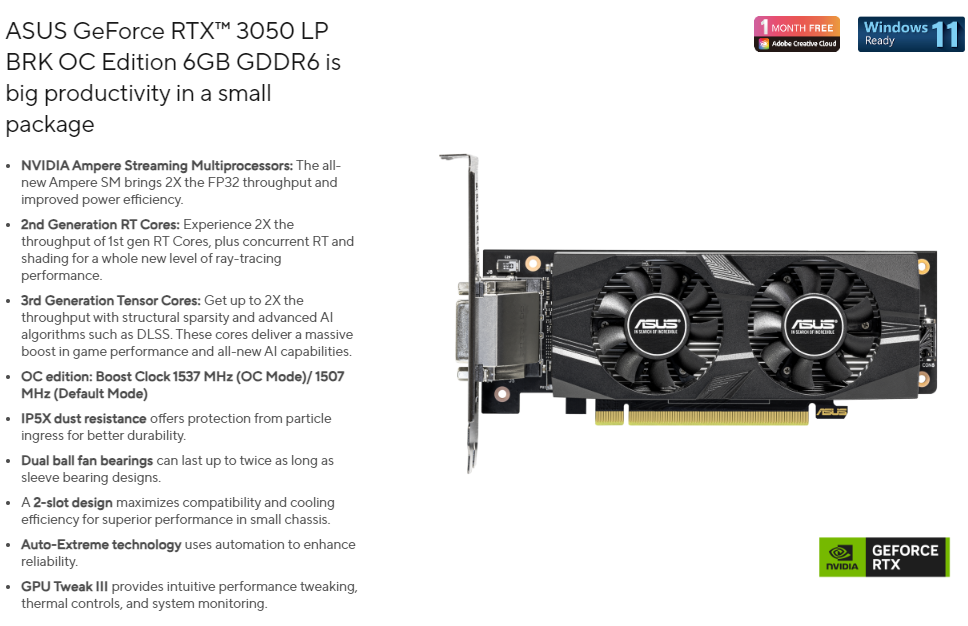 ASUS 華碩 GeForce RTX 3050 LP BRK OC 6GB 顯示卡 - PChome 24h購物