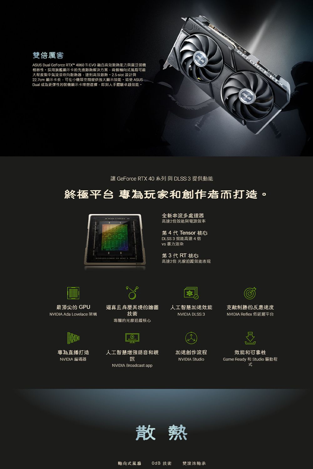 雙倍厲害ASUS Dual GeForce RTX 4060 Ti EVO 融合高效散熱能力與廣泛裝機相容性採用旗艦顯示卡的先進散熱解決方案兩個軸向風扇可最大程度集中氣流並吹向散熱器達到高效散熱slot 設計與22.7cm 顯示卡長可在小機殼空間提供強大顯示效能。 ASUSDual 成為更彈性的裝機顯示卡理想選擇即刻入手體驗卓越效能。GEFORC讓 GeForce RTX 40系列與 DLSS 3 提供動能終極平台 專為玩家和創作者而打造。全新串流多處理器高達2倍效能與電源效率第4代 Tensor 核心DLSS 3 效能高達4倍 暴力渲染第3代RT核心高達2倍 光線追蹤效能表現最頂尖的 GPU逼真且身歷其境的繪圖人工智慧加速效能克敵制勝的反應速度NVIDIA Ada Lovelace 架構技術NVIDIA DLSS 3NVIDIA Reflex 低延遲平台專屬的光線追蹤核心專為直播打造NVIDIA 編碼器人工智慧增強語音和視訊加速創作流程NVIDIA StudioNVIDIA Broadcast app散熱軸向式風扇OdB 技術雙滾珠軸承效能和可靠性Game Ready 和 Studio 驅動程式