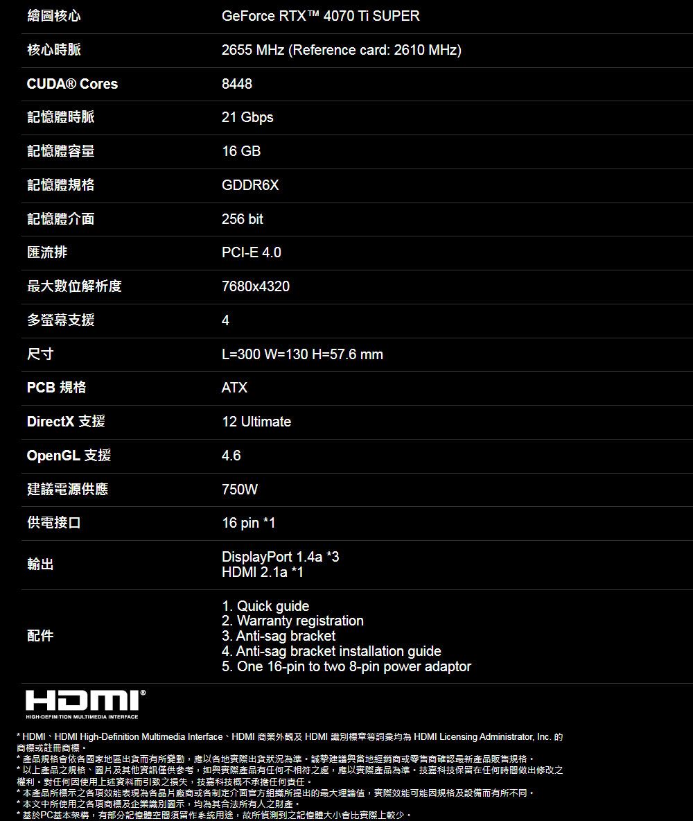 繪圖核心核心時脈GeForce RTX™ 4070  SUPER2655 MHz (Reference card: 260 MHz)44821 Gbps16 GBCUDA® Cores記憶體時脈記憶體容量記憶體規格GDDR6X記憶體介面256 bit匯流排PCIE 0最大數位解析度7680x4320多螢幕支援4尺寸PCB 規格DirectX 支援OpenGL 支援建議電源供應供電接口輸出配件HIGH-DEFINITION MULTIMEDIA INTERFACEL=300 W=130 H=57.6mmATX12 Ultimate750W16 pin *1DisplayPort 1.4a *3HDMI 2.1a *11. Quick guide2. Warranty registration3. Anti-sag bracket4. Anti-sag bracket installation guide5. One 16-pin to two 8-pin power adaptor* HDMI、HDMI High-Definition Multimedia Interface、HDMI 商業外觀及 HDMI 識別標章等詞彙均為 HDMI Licensing Administrator, Inc. 的商標或註冊商標* 產品規格會依各國家地區出貨而有所變動,應以各地實際出貨狀況為準誠摯建議與當地經銷商或零售商確認最新產品販售規格。* 以上產品之規格、圖片及其他資訊僅供參考,如與實際產品有任何不相符之處,應以實際產品為準。技嘉科技保留在任何時間做出修改之權利。對任何因使用上述資料而引致之損失,技嘉科技概不承擔任何責任。* 本產品所標示之各項效能表現為各晶片廠商或各制定介面官方組織所提出的最大理論值,實際效能可能因規格及設備而有所不同。* 本文中所使用之各項商標及企業識別圖示,均為其合法所有人之財產。* 基於PC基本架構,有部分記憶體空間須留作系統用途,故所偵測到之記憶體大小會比實際上較少。