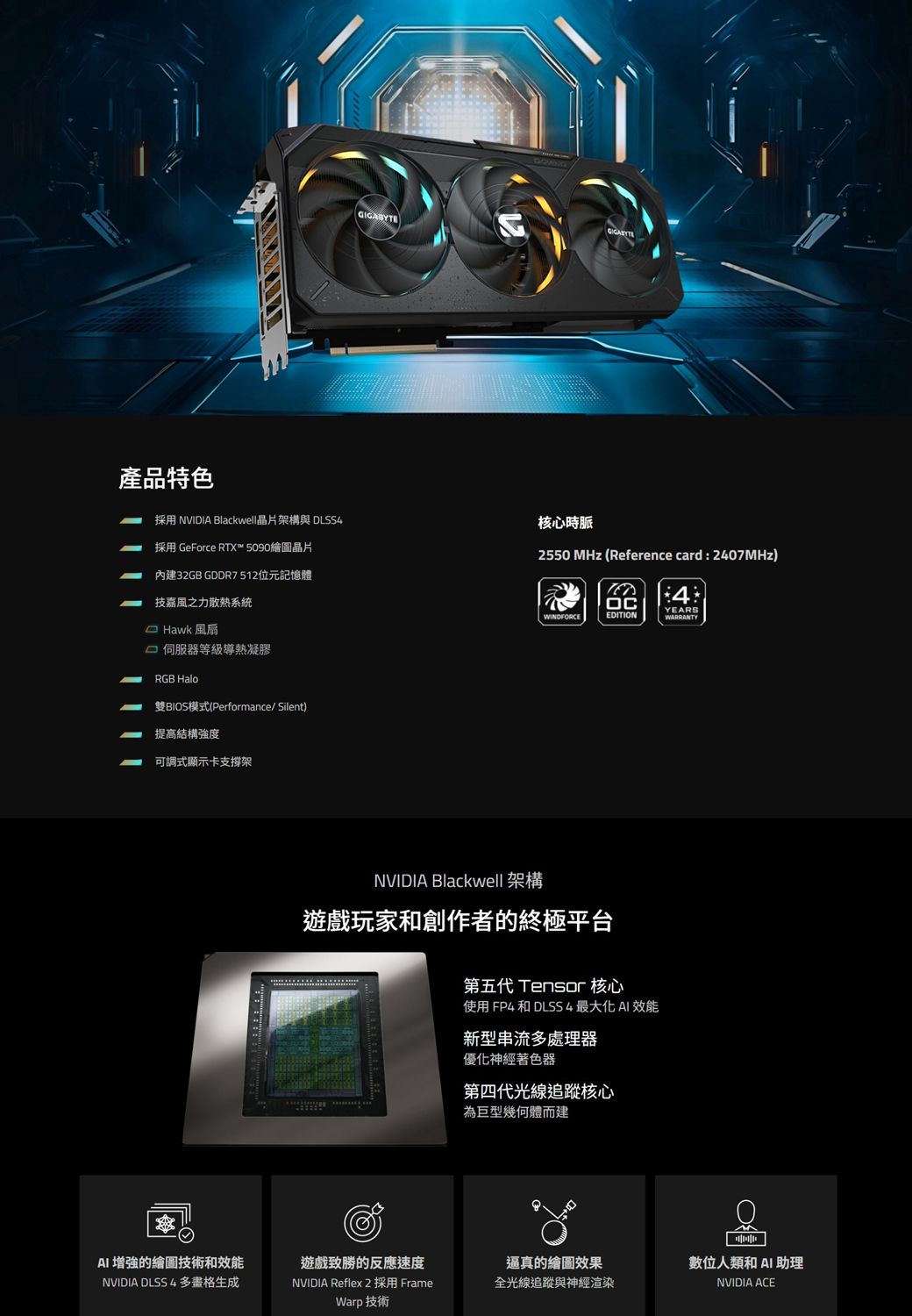 產品特色GIGABYT2550 MHz (Reference card: 2407MHz)採用 NVIDIA Blackwell晶片架構與 DLSS4採用 GeForce RTX™ 5090繪圖晶片核心時脈內建32GB GDDR7512位元記憶體技嘉風之力散熱系統 Hawk 風扇 伺服器等級導熱凝膠RGB Halo雙BIOS模式(Performance/Silent)提高結構強度可調式顯示卡支撐架E4WINDFORCEEDITIONYEARSWARRANTYNVIDIA Blackwell 架構遊戲玩家和創作者的終極平台 增強的繪圖技術和效能NVIDIA DLSS 4多畫格生成第五代 Tensor 核心使用 FP4 和 DLSS4最大化AI 效能新型串流多處理器優化神經著色器第四代光線追蹤核心為巨型幾何體而建遊戲致勝的反應速度NVIDIA Reflex 2 採用 FrameWarp 技術逼真的繪圖效果全光線追蹤與神經渲染數位人類和AI 助理NVIDIA ACE