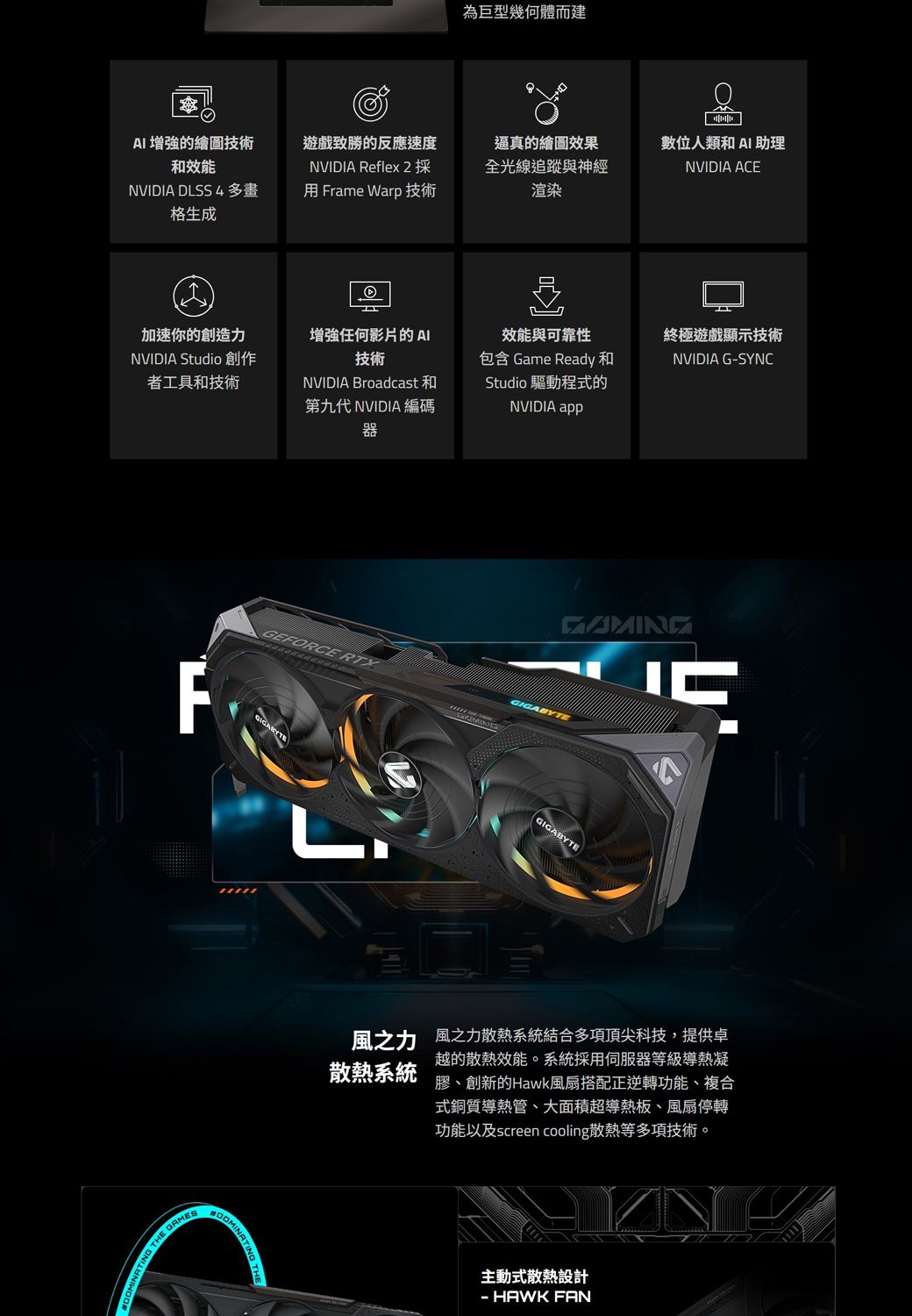 為巨型幾何體而建AI 的繪圖技術和效能NVIDIA DLSS 4多畫格生成遊戲致勝的反應速度NVIDIA Reflex 2 採用 Frame Warp 技術逼真的繪圖效果全光線追蹤與神經渲染數位人類和AI 助理NVIDIA ACE加速你的創造力NVIDIA Studio 創作者工具和技術增強任何影片的AI技術NVIDIA Broadcast 第九代 NVIDIA 編碼器效能與可靠性包含 Game Ready和Studio 驅動程式的NVIDIA 終極遊戲顯示技術NVIDIA GSYNCFGEFORCE MINATING THE GAMESGIGABYTE風之力 風之力散熱系統結合多項頂尖科技,提供卓散熱系統越的散熱效能。系統採用伺服器等級導熱凝膠、創新的Hawk風扇搭配正逆轉功能、複合式銅質導熱管、大面積超導熱板、風扇停轉功能以及screen cooling散熱等多項技術。主動式散熱設計- HAWK FAN