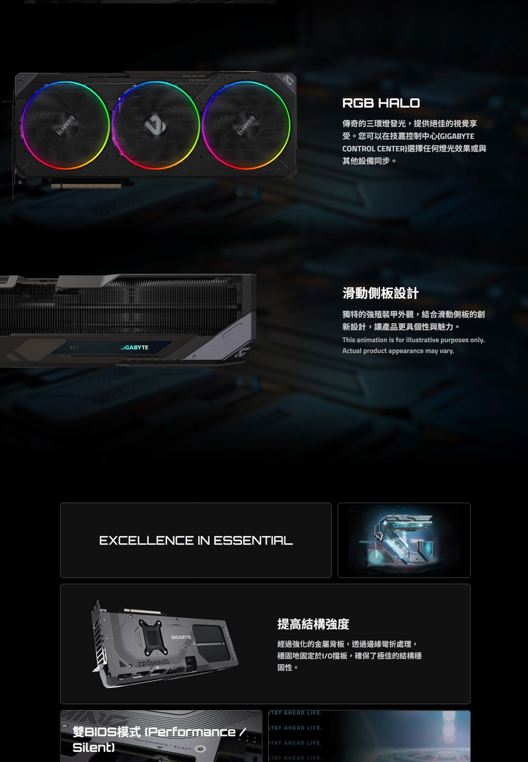 EXCELLENCE IN ESSENTIALGIGABYTE雙模式 (Performance BILENTSilent)RGB HALO傳奇的三環燈發光,提供絕佳的視覺享受。您可以在技嘉控制中心(GIGABYTECONTROL CENTER)選擇任何燈光效果或與其他設備同步。滑動側板設計獨特的殖裝甲外觀,結合滑動側板的創新設計,讓產品更具個性與魅力。This animation is for illustrative purposes onlyActual product appearance may vary提高結構強度經過強化的金屬背板,透過邊緣彎折處理,穩固地固定於I/O擋板,確保了極佳的結構穩固性。 AHEAD LIFE. AHEAD LIFE.STAY AHEAD LIFE.STAY AHEAD LIFE.