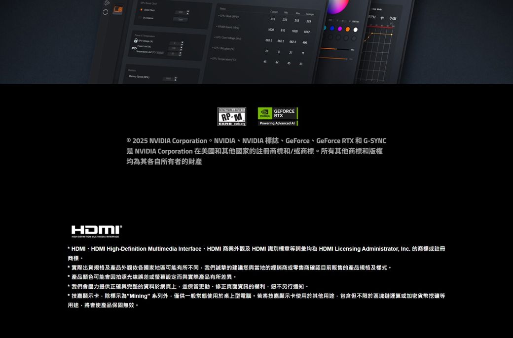 0000       RP- GEFORCEPowering Advanced RPM© 2025 NVIDIA CorporationNVIDIANVIDIA 標誌、GeForce、GeForce RTX 和 G-SYNC NVIDIA Corporation 在美國和其他國家的註冊商標和/或商標所有其他商標和版權均為其各自所有者的財產* HDMI、HDMI High-Definition Multimedia Interface、HDMI 商業外觀及 HDMI 識別標章等詞彙均為 HDMI Licensing Administrator Inc. 的商標或註冊商標。* 實際出貨規格及產品外觀依各國家地區可能有所不同我們誠摯的建議您與當地的經銷商或零售商確認目前販售的產品規格及樣式。* 產品顏色可能會因拍照光線誤差或螢幕設定而與實際產品有所差異。* 我們會盡力提供正確與完整的資料於網頁上並保留更動、修正頁面資訊的權利,恕不另行通知。* 技嘉顯示卡除標示為Mining系列外,僅供一般常態使用於桌上型電腦。若將技嘉顯示卡使用於其他用途,包含但不限於區塊鏈運算或加密貨幣挖礦等用途,將會使產品保固無效。