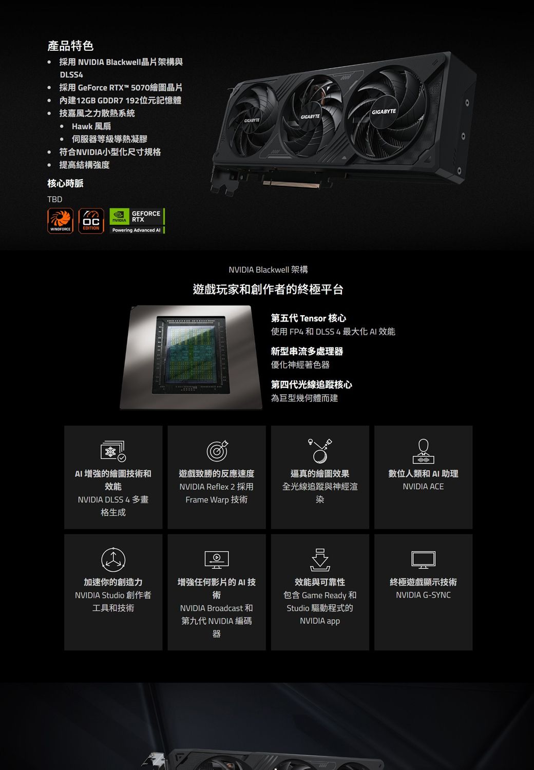 產品特色採用  Blackwell晶片架構與DLSS4採用 GeForce RTX™ 5070繪圖晶片 12GB GDDR7192位元記憶體技嘉風之力散熱系統 Hawk 風扇 伺服器等級導熱凝膠符合NVIDIA小型化尺寸規格 提高結構強度核心時脈TBDGEFRCEOCNVIDIA RTXWINDFORCEEDITIONPowering Advanced 的繪圖技術和效能NVIDIA DLSS 4多畫格生成GIGABYTEGIGABYTENVIDIA Blackwell 架構遊戲玩家和創作者的終極平台第五代 Tensor 核心使用 FP4 和 DLSS4最大化AI 效能新型串流多處理器優化神經著色器第四代光線追蹤核心為巨型幾何體而建遊戲的反應速度NVIDIA Reflex 2 採用Frame Warp 技術逼真的繪圖效果全光線追蹤與神經渲染數位人類和AI 助理NVIDIA ACE加速你的創造力NVIDIA Studio 創作者增強任何影片的AI技術工具和技術NVIDIA Broadcast第九代 NVIDIA 編碼器效能與可靠性包含 Game Ready 和Studio 驅動程式的NVIDIA 終極遊戲顯示技術NVIDIA G-SYNCO