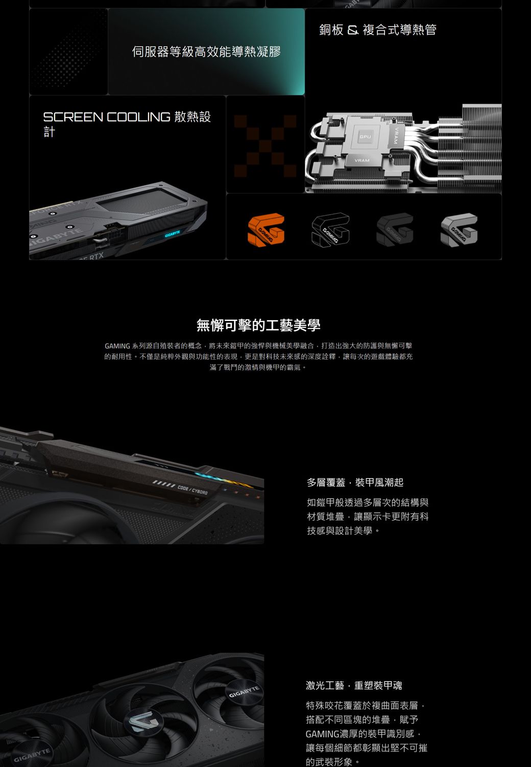 銅板  複合式導熱管伺服器等級高效能導熱凝膠SCREEN COOLING 散熱設計IGABYTEGPUVRAM無懈可擊的工藝美學GAMING 系列源自裝者的概念將未來鎧甲的與機械美學融合打造出強大的防護與無懈可擊的耐用性。不僅是純粹外觀與功能性的表現更是對科技未來感的深度詮釋讓每次的遊戲體驗都充滿了戰鬥的激情與機甲的霸氣。 /CYBORG多層覆蓋,裝甲風潮起如鎧甲般透過多層次的結構與材質堆疊,讓顯示卡更附有科技感與設計美學。GIGABYTEGIGABYTE激光工藝,重塑裝甲魂特殊咬花覆蓋於複曲面表層,搭配不同區塊的堆疊,賦予GAMING濃厚的裝甲識別感,讓每個細節都彰顯出堅不可摧的武裝形象。