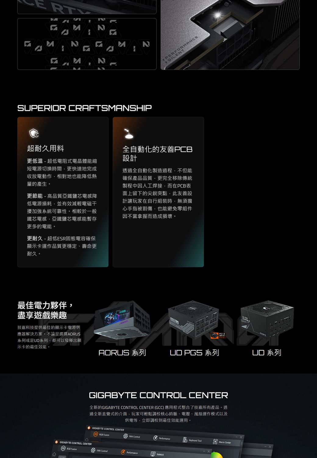 NNSUPRIR CRFTSMANSHIPPERFORMAEENT超耐久用料更低溫-超低電阻式電晶體能縮短電源切換時間更快速地完成收放電動作相對地也能降低熱量的產生更節能-高品質亞鐵鹽芯電感降低電源損耗並有效減輕電磁加強系統可靠性。相較於一般鐵芯電感亞鐵鹽芯電感能暫存更多的電能。更耐久 - 超低ESR固態電容確保顯示卡運作品質更穩定、壽命更耐久。全自動化的友善PCB設計透過全自動化製造過程不但能確保產品品質更完全移除傳統製程中因人工焊接而在PCB表面上留下的尖銳突點此友善設計讓玩家在自行組裝時,無須擔心手指被割傷,也能避免零組件因不當拿握而造成損壞。最佳電力夥伴,盡享遊戲樂趣A技嘉科技提供最佳的顯示卡電源供應器解決方案。不論是選擇系列或是系列,都可以發揮出顯示卡的最佳效能。AORUS 系列  系列UD 系列GIGABYTE CONTROL 全新的GIGABYTE CONTROL CENTER (GCC) 應用程式整合了技嘉所有產品。透過全新直覺式的介面,玩家可輕鬆調校核心時脈、電壓、風扇運作模式以及供電等,立即調校到最佳效能運用。GIGABYTE CONTROL CENTER GIGABYTE CONTROL CENTERRGB Fusion PerformanceKeyboard ToolO Macro CenterFAN
