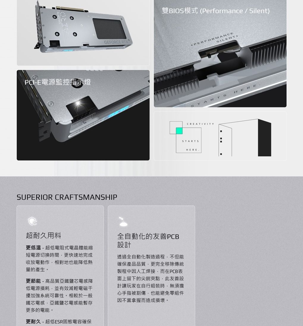PCI-E電源監控指示燈GEFORCE RTXSUPERIOR CRAFTSMANSHIP雙BIOS模式(Performance/Silent)超耐久用料更低溫-超低電阻式電晶體能縮短電源切換時間更快速地完成收放電動作相對地也能降低熱量的產生。更節能-高品質亞鐵鹽芯電感降低電源損耗並有效減輕電磁加強系統可靠性。相較於一般鐵芯電感亞鐵鹽芯電感能暫存更多的電能。更耐久 - 超低ESR固態電容確保全自動化的友善PCB設計透過全自動化製造過程不但能確保產品品質更完全移除傳統製程中因人工焊接,而在PCB表面上留下的尖銳突點,此友善設計讓玩家在自行組裝時,無須擔心手指被割傷,也能避免零組件因不當拿握而造成損壞。PERFORMANCESILENTCREATIVITYSTARTSHERER