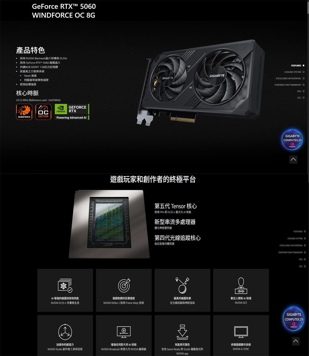 GeForce RTXT™ 5060WINDFRCE  8G產品特色 採用  Blackwell晶片架構與 4採用 GeForce RTX™ 5060 繪圖晶片 內建 GDDR7128位元記憶體技嘉風之力散熱系統 Hawk  伺服器等級凝膠提高結構強度核心時脈2512 MHz (Reference card : 2497MHz)GEFRCECNVIDIA RTXWINDFRCEEDITINPowering Advanced GIGABYTEGIGABYTE遊戲玩家和創作者的終極平台第五代 Tensor 核心使用 FP4 和 DLSS 4 最大化  效能新型串流處理器優化神經著色器第四代光線追蹤核心為巨型幾何體而建 增強的繪圖技術和效能遊戲的反應速度NVIDIA DLSS4 多格生成NVIDIA Reflex 2 採用 Frame Warp 技術逼真的繪圖效果全光線追蹤與神經渲染數位人類和  助理NVIDIA ACE加速你的創造力NVIDIA Studio 創作者工具和技術增强任何影片的 AI 技術NVIDIA Broadcast 和第九代 NVIDIA 編碼器效能與可靠性包含 Game Ready 和 Studio 驅動程式的NVIDIA app終極遊戲顯示技術NVIDIA G-SYNCFEATURES SYSTEM EXCELLENCE IN ESSENTIAL SUPERIOR CRAFTSMANSHIP OGIGABYTECOMPUTEX 25FEATURES O SYSTEM OEXCELLENCE IN ESSENTIAL OSUPERIOR CRAFTSMANSHIP OGIGABYTECOMPUTEX 25 O O O