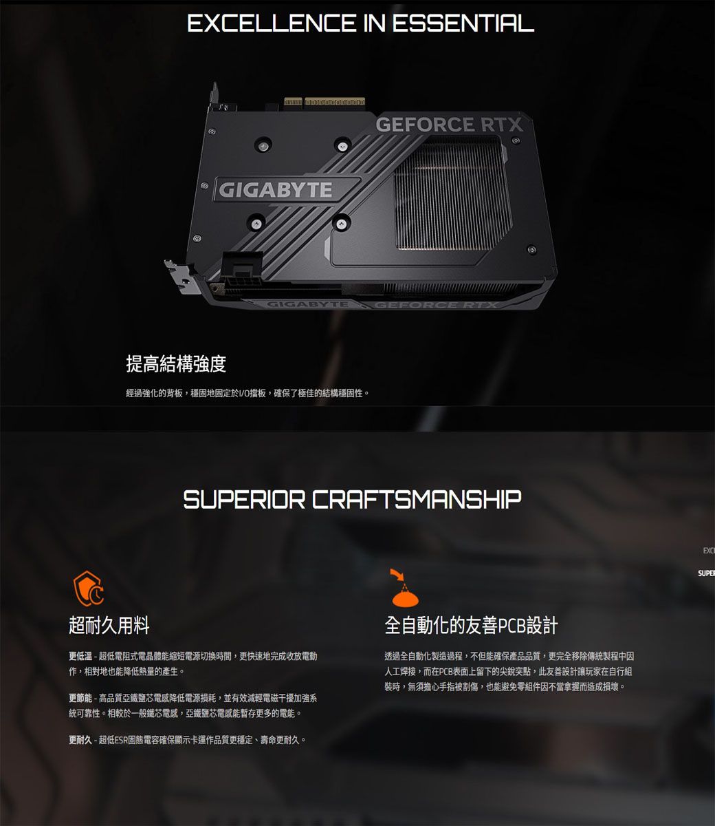EXCELLENCE N ESSENTIALGIGABYTE提高結構強度GEFORCE RTXGIGABYTERCE RTX經過強化的背板穩固地固定於IO擋板,確保了極佳的結構穩固性。SUPERIOR CRAFTSMANSHIP超耐久用料更低溫-超低電阻式電晶體能縮短電源切換時間,更快速地完成收放電動作,相對地也能降低熱量的產生。更節能-高品質鹽芯降低電源損耗,並有效減輕電磁干擾加強系統可靠性。相較於一般鐵芯,亞鐵鹽芯電感能暫存更多的電能。更耐久- 超低ESR固態電容確保顯示卡運作品質更穩定、壽命更耐久。全自動化的友善PCB設計透過全自動化製造過程,不但能確保產品品質,更完全移除傳統製程中因人工焊接,而在PCB表面上留下的尖銳突點,此友善設計讓玩家在自行組裝時,無須擔心手指被割傷,也能避免零組件因不當拿握而造成損壞。SUPER