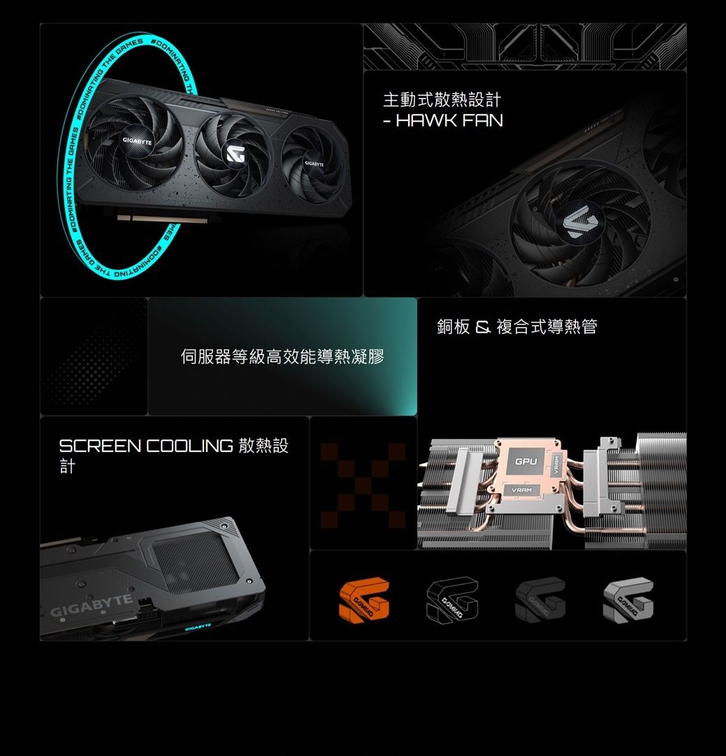 ATIG THE GAMES N THE GAMTHE GAMESMES主動式散熱設計- HAWK FAN銅板 &amp; 複合式導熱管伺服器等級高效能導熱凝膠SCREEN COOLING 散熱設計GIGABYTEGIGABYTEGPU