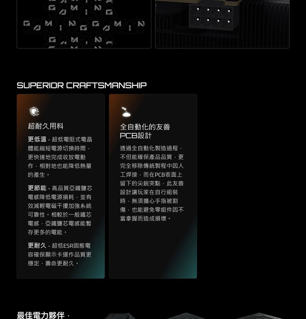 N NSUPERIOR CRAFTSMANSHIP超耐久用料更低溫-超低電阻式電晶體能縮短電源切換時間更快速地完成收放電動相對地也能降低熱量的產生。更節能-高品質亞鐵鹽芯電感降低電源損耗並有效減輕電磁干擾加強系統可靠性。相較於一般鐵芯電感,亞鐵鹽芯電感能暫存更多的電能。更耐久 -超低ESR固態電容確保顯示卡運作品質更穩定、壽命更耐久。全自動化的友善PCB設計透過全自動化製造過程,不但能確保產品品質,更完全移除傳統製程中因人工焊接,而在PCB表面上留下的尖銳突點,此友善設計讓玩家在自行組裝時,無須擔心手指被割傷,也能避免零組件因不當拿握而造成損壞。最佳電力夥伴,