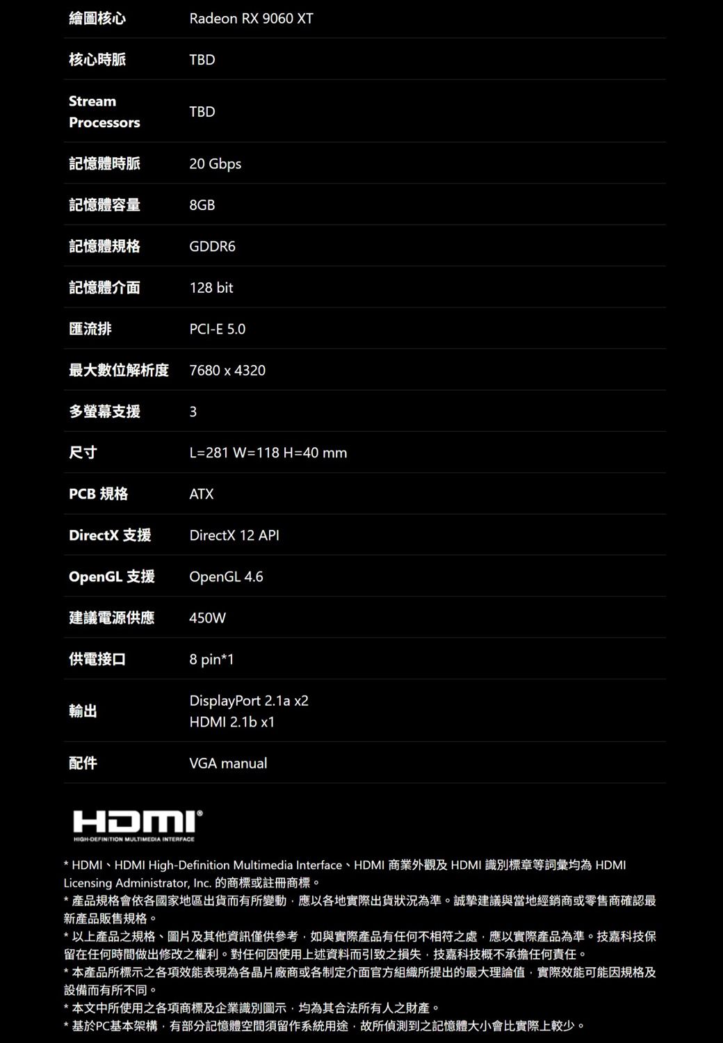 繪圖核心Radeon RX 9060 XT核心時脈TBDStreamTBDProcessors記憶體時脈20 Gbps記憶體容量8GB記憶體規格GDDR6記憶體介面128 bit匯流排PCI-E 5.0最大數位解析度 7680  4320多螢幕支援3尺寸L=281 W=118H=40mmPCB 規格ATXDirectX 支援DirectX 12 APIOpenGL 支援OpenGL 4.6建議電源供應450W供電接口8 pin*1輸出DisplayPort 2.1a x2HDMI 2.1b x1配件VGA manualHIGH-DEFINITION MULTIMEDIA INTERFACE* HDMI、HDMI High-Definition Multimedia Interface、HDMI 商業外觀及HDMI 識別標章等詞彙均為 HDMILicensing Administrator Inc. 的商標或註冊商標。*產品規格會依各國家地區出貨而有所變動應以各地實際出貨狀況為準。誠摯建議與當地經銷商或零售商確認最新產品販售規格。* 以上產品之規格、圖片及其他資訊僅供參考如與實際產品有任何不相符之處應以實際產品為準。技嘉科技保留在任何時間做出修改之權利。對任何因使用上述資料而引致之損失技嘉科技概不承擔任何責任。*本產品所標示之各項效能表現為各晶片廠商或各制定介面官方組織所提出的最大理論值實際效能可能因規格及設備而有所不同。* 本文中所使用之各項商標及企業識別圖示,均為其合法所有人之財產。* 基於PC基本架構,有部分記憶體空間須留作系統用途,故所偵測到之記憶體大小會比實際上較少。