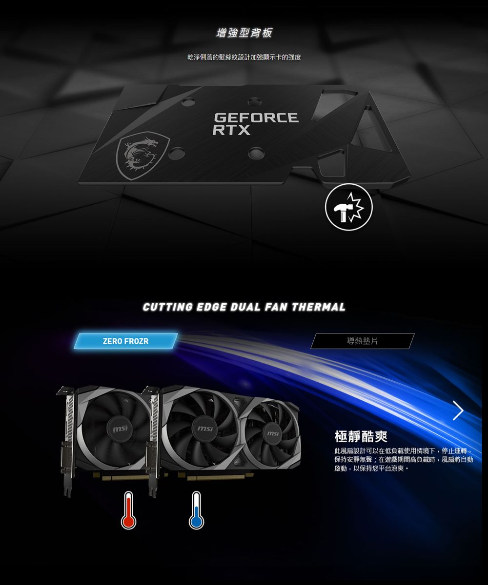 增強型背板乾淨俐落的髮絲紋設計加強顯示卡的強度GEFORCERTXMCUTTING EDGE DUAL FAN THERMALZERO FROZR導熱墊片msi極靜酷爽此風扇設計可以在低負載使用情境下停止運轉,保持安靜無聲;在高負載時,風扇將自動啟動,以保持您平台涼爽